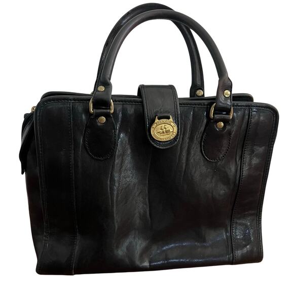 Vintage Brahmin Black Leather Double Handle Brass Hardware Satchel Handbag - Picture 1 of 11